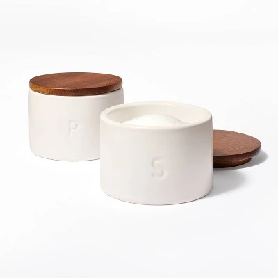 Set of 2 Stoneware Salt and Pepper Cellar with Wood Lid Cream - Figmint™ 4 Set of 2 Stoneware Salt and Pepper Cellar with Wood Lid Cream - Figmint™ - Image 2